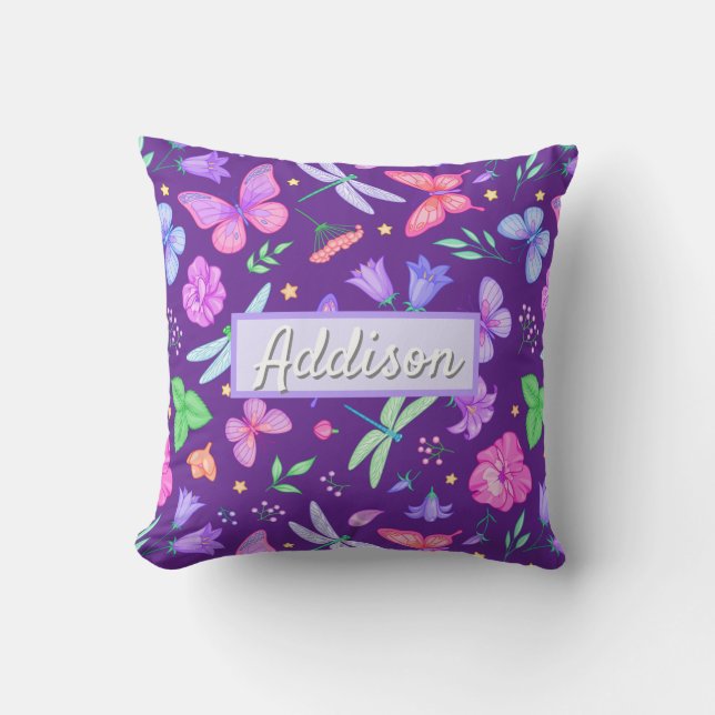 Whimsical Classic Purple Butterfly Dragonfly Throw Pillow (Front)