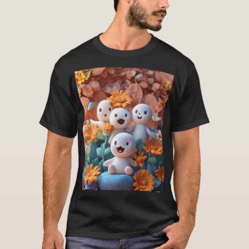 Whimsical Clay Ghosts  Flowers 3D Effect T_Shirt T_Shirt