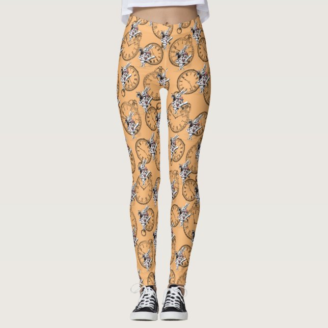 Whimsical Clock & Alice in wonderland white rabbit Leggings (Front)