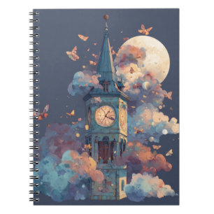 Whimsical Clock Tower Moon Butterflies Notebook