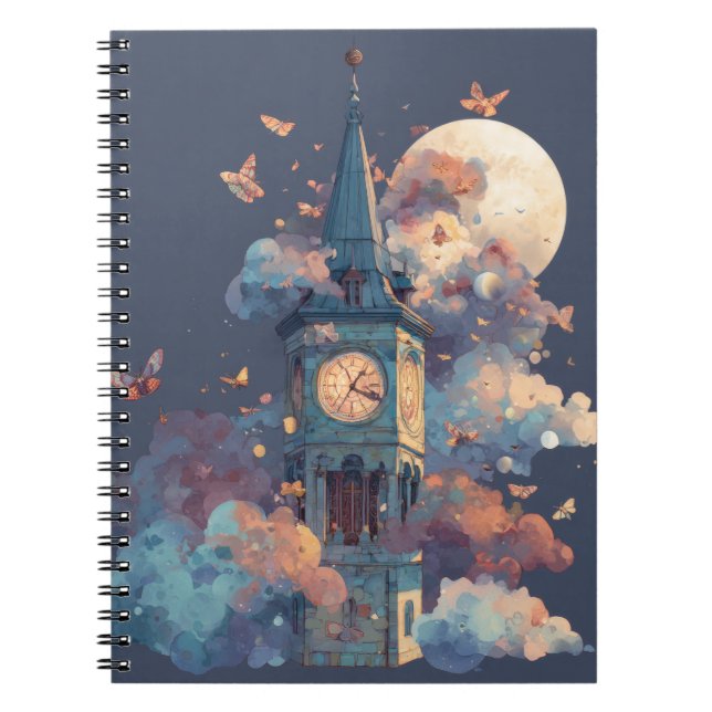 Whimsical Clock Tower Moon Butterflies Notebook (Front)