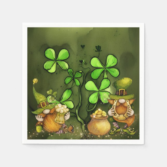 Whimsical Clovers and Irish Leprechaun Gnomes Napkins (Front)