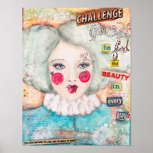 Whimsical Clown Girl Vintage Look Pastel Blue Mint Poster