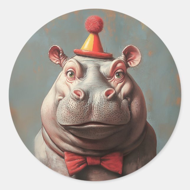 Whimsical Clown Hippo Portrait Classic Round Sticker (Front)