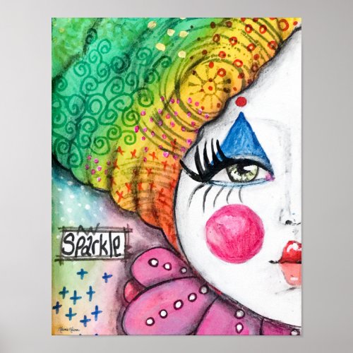 Whimsical Clown Painting Colorful Rainbow Sparkle Poster