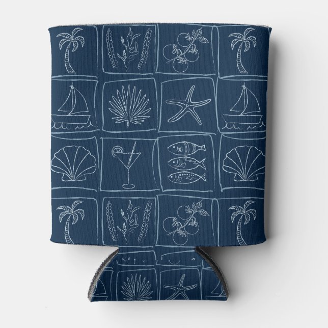 Whimsical Coastal Mediterranean Tile Nautical Navy Can Cooler (Front)