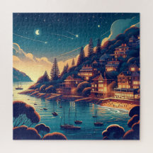 Whimsical Coastal Night Village Starry Sky