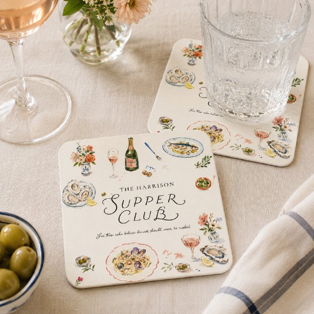 Whimsical Coastal Supper Club Watercolor Square Paper Coaster (Creator Uploaded)