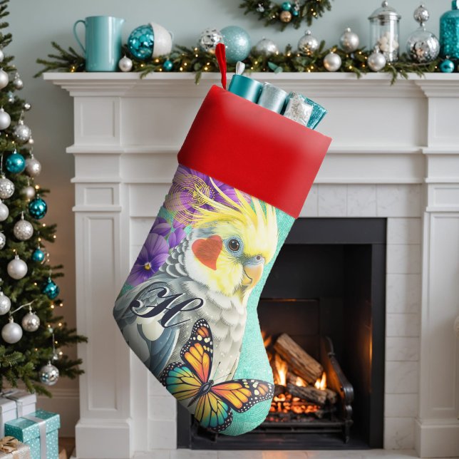 Whimsical Cockatiel Butterfly Flower Monogram Aqua Christmas Stocking (Whimsical cockatiel, butterfly & floral stocking in aqua blue. Personalize with a monogram!)