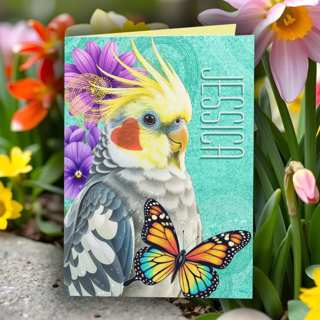 Whimsical Cockatiel Vibrant Spring Flower Collage Card (Colorful cockatiel art with butterfly and flowers - personalized all occasion card for bird lovers!)
