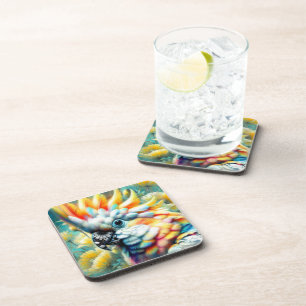 Whimsical Cockatoo Bird Yellow Poppies Floral  Beverage Coaster