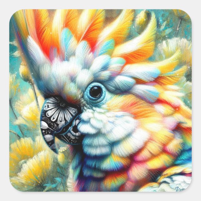 Whimsical Cockatoo Bird Yellow Poppies Floral  Square Sticker (Front)