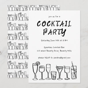 Whimsical Cocktail Drinks Custom Birthday Party BW Invitation