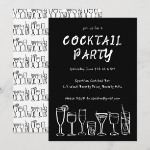 Whimsical Cocktail Drinks Custom Birthday Party BW Invitation