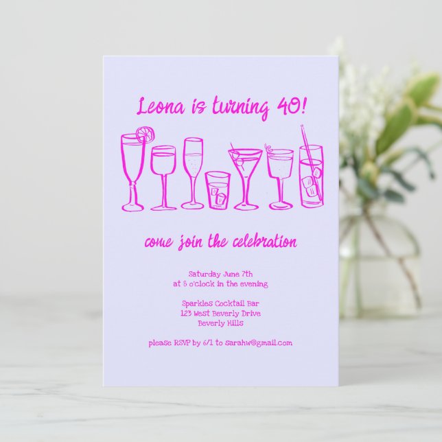 Whimsical Cocktail Drinks Custom Birthday Party Invitation (Standing Front)