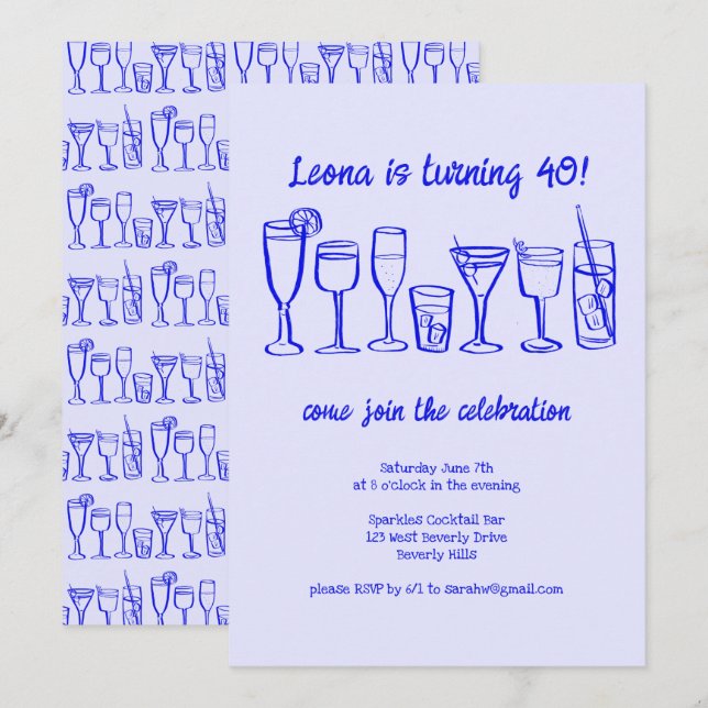 Whimsical Cocktail Drinks Custom Birthday Party Invitation (Front/Back)