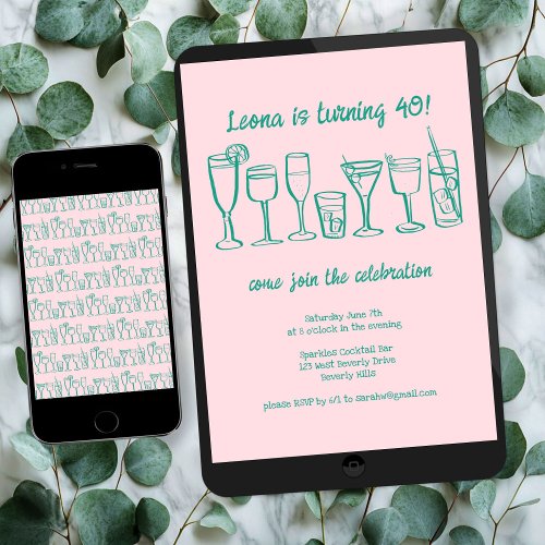 Whimsical Cocktail Drinks Custom Birthday Party Invitation