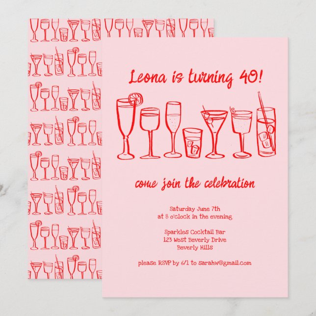 Whimsical Cocktail Drinks Custom Birthday Party Invitation (Front/Back)