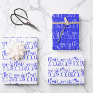 Whimsical Cocktail Drinks Wine Party Blue Gift Wrapping Paper Sheets