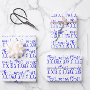 Whimsical Cocktail Drinks Wine Party Blue Gift Wrapping Paper Sheets