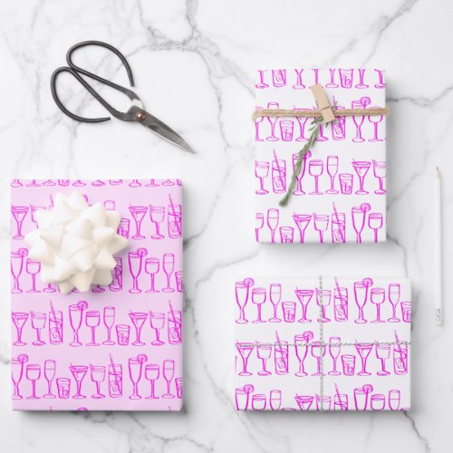 Whimsical Cocktail Drinks Wine Party Pink Gift Wrapping Paper Sheets