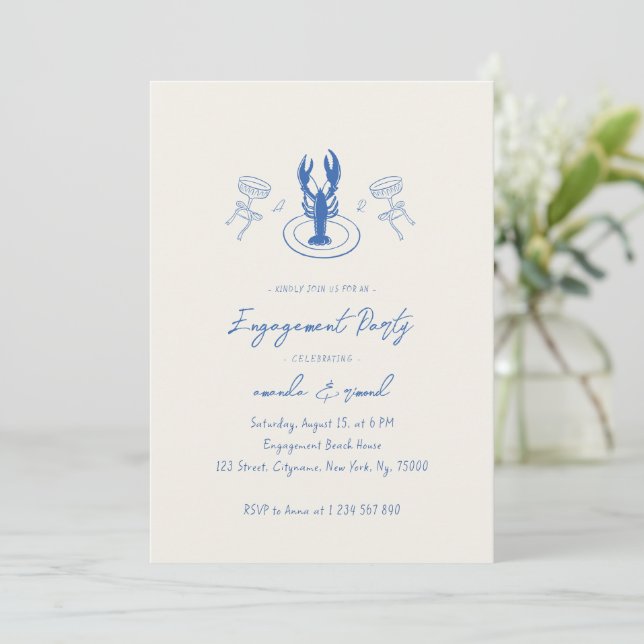 Whimsical Cocktails & Lobster Engagement Party Invitation (Standing Front)