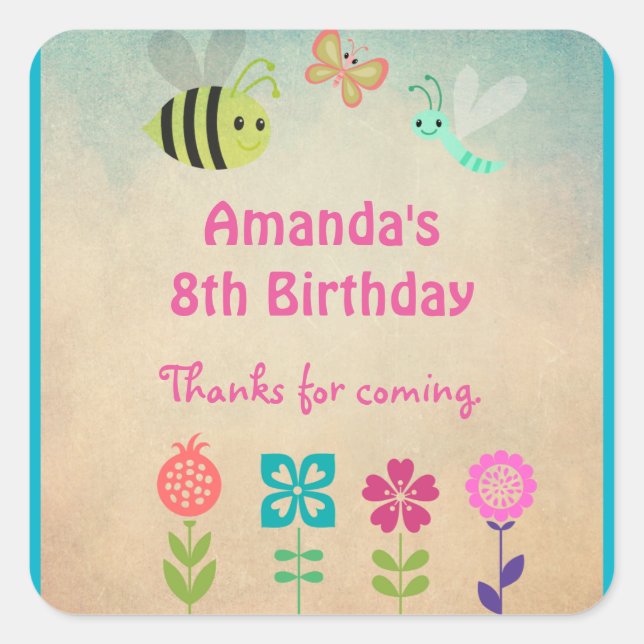 Whimsical Collection of Flowers and Bugs Birthday Square Sticker (Front)