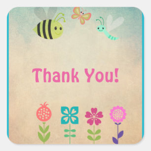 Whimsical Collection of Flowers and Bugs Thank You Square Sticker