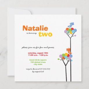 Whimsical Color Dots Birds Tree Kids 2nd Birthday Invitation
