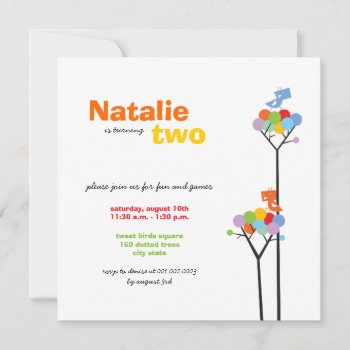 Whimsical Color Dots Birds Tree Kids 2nd Birthday Invitation by fatfatin_design at Zazzle