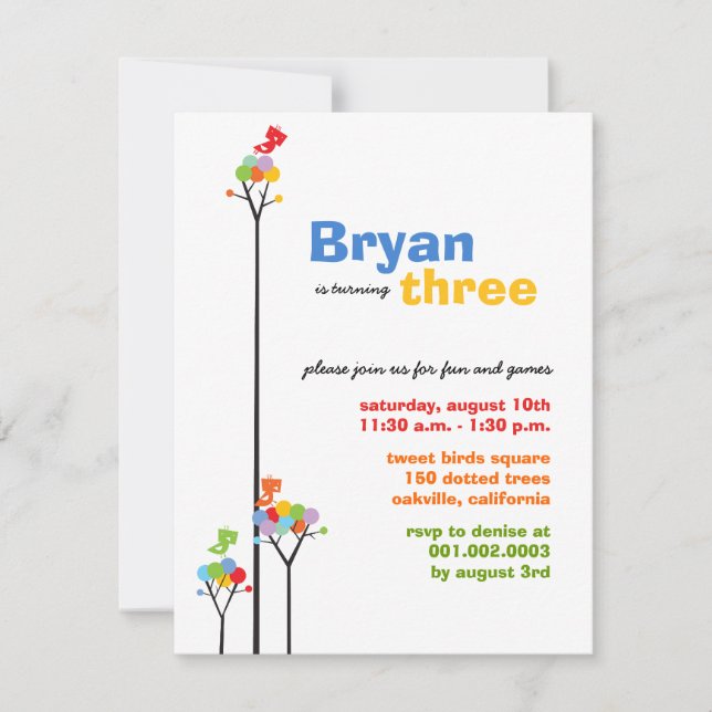 Whimsical Color Dots Birds Tree Kids 3rd Birthday Invitation (Front)
