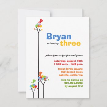 Whimsical Color Dots Birds Tree Kids 3rd Birthday Invitation by fatfatin_design at Zazzle