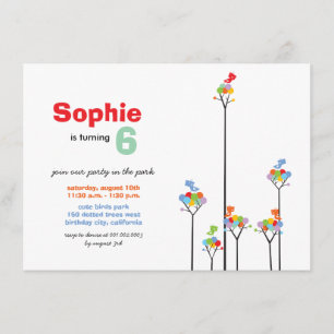 Whimsical Color Dots Birds Tree Kids 6th Birthday Invitation