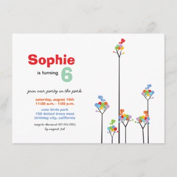 Whimsical Color Dots Birds Tree Kids 6th Birthday Invitation by fatfatin_design at Zazzle