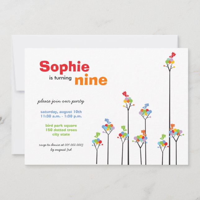 Whimsical Color Dots Birds Tree Kids 9th Birthday Invitation (Front)