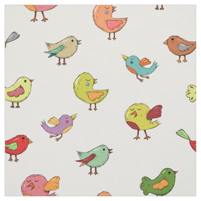 Whimsical Colorful Bird Cartoon Pattern Printed Fabric (Swatch)