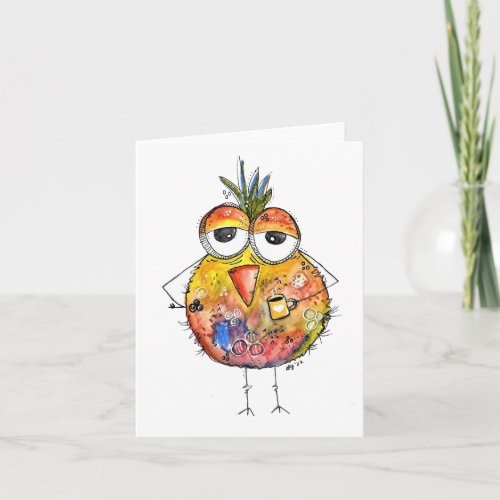 Whimsical Colorful Bird Drinking Coffee Card