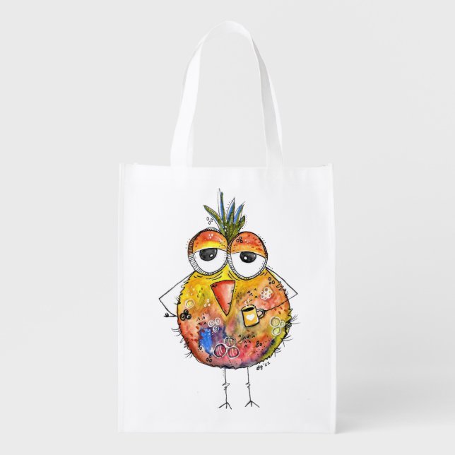 Whimsical Colorful Bird Drinking Coffee Grocery Bag (Front)