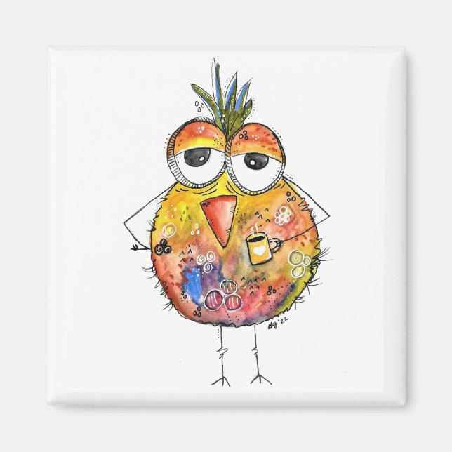 Whimsical Colorful Bird Drinking Coffee Magnet (Front)