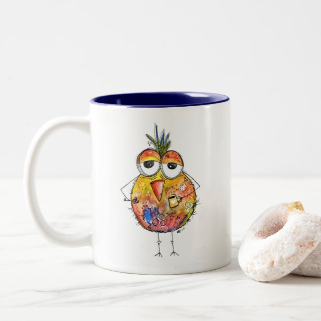 Whimsical Colorful Bird Drinking Coffee Two-Tone Coffee Mug (With Donut)