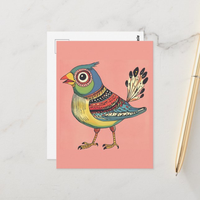whimsical colorful bird postcard (Front/Back In Situ)
