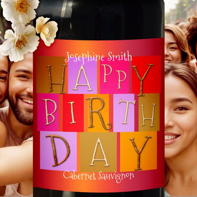 Whimsical Colorful Birthday Wine Label (A vibrant and celebratory birthday wine label featuring playful retro-style "Happy Birthday" letters)