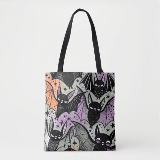 Whimsical Colorful Black Bats Pattern Halloween Tote Bag