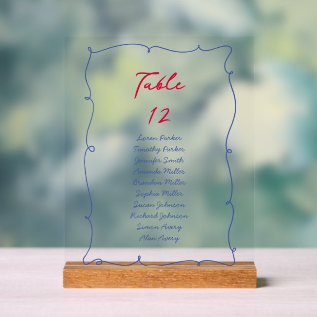 Whimsical Colorful Border Script Table Number Acrylic Sign (Neutral)