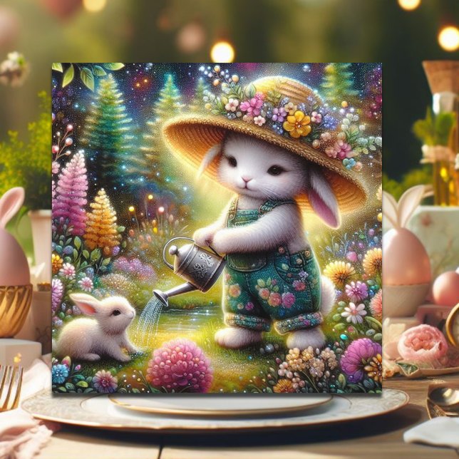  Whimsical Colorful Bunny Gardener Easter Holiday Card (Creator Uploaded)
