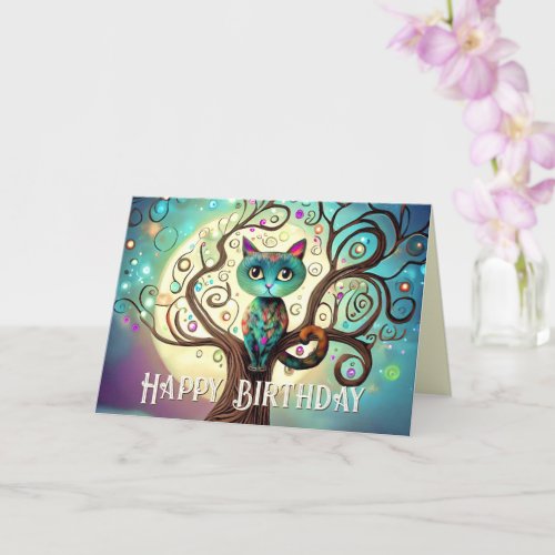 Whimsical Colorful Cat Full Moon Artwork Birthday Card