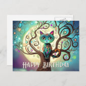 Whimsical Colorful Cat Full Moon Artwork Birthday Postcard (Front/Back)