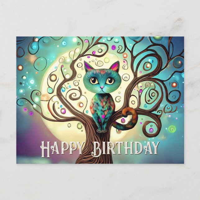 Whimsical Colorful Cat Full Moon Artwork Birthday Postcard (Front)
