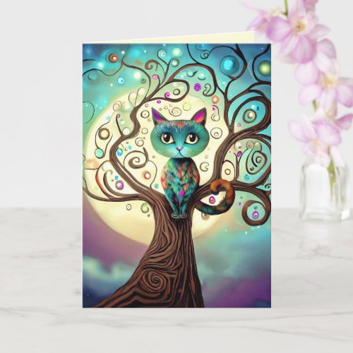 Whimsical Colorful Cat Full Moon Artwork Card