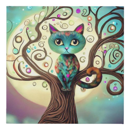 Whimsical Colorful Cat Full Moon Artwork Faux Canvas Print